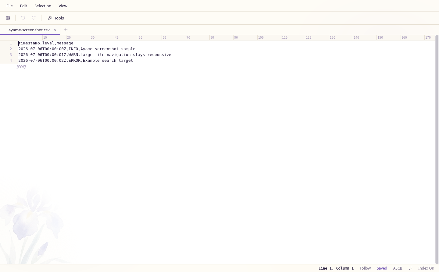 Ayame Editor showing a large CSV file